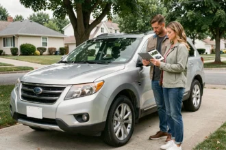Couple examinant une voiture familiale d'occasion achetée via CapCar dans une allée résidentielle