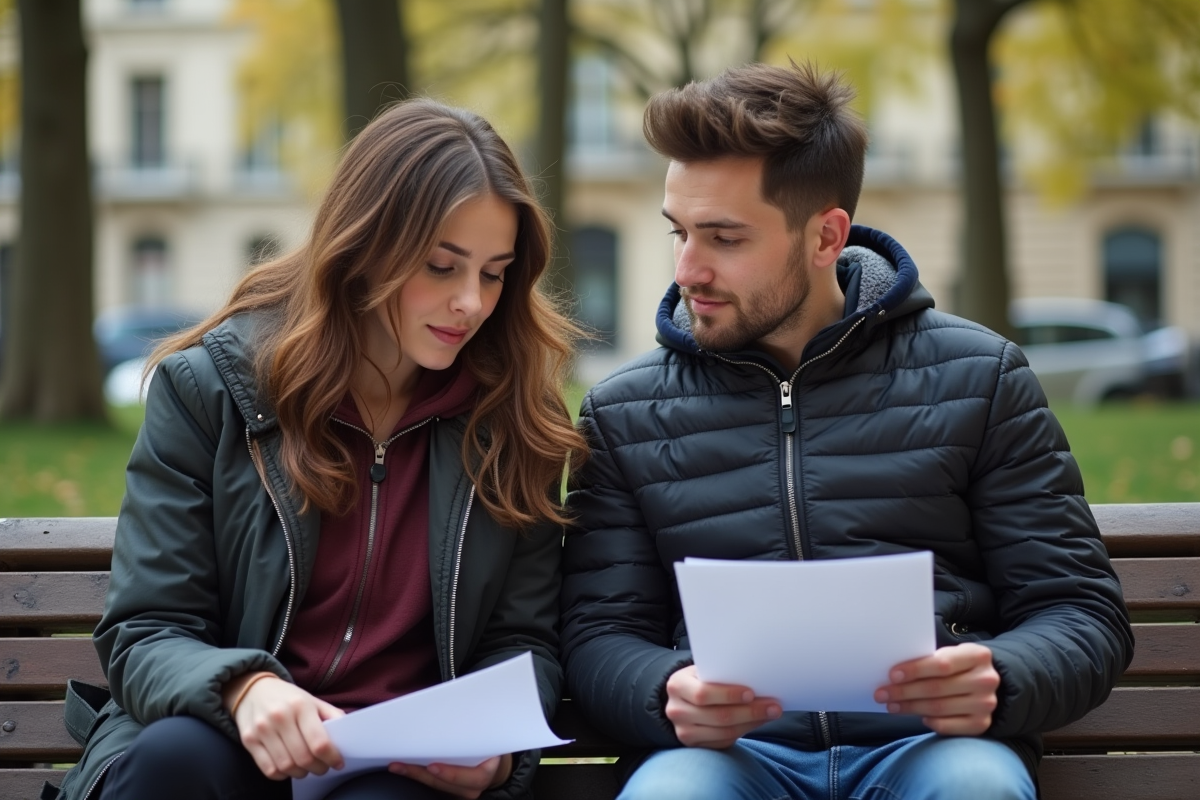Jeune couple français discutant de documents officiels dans un parc