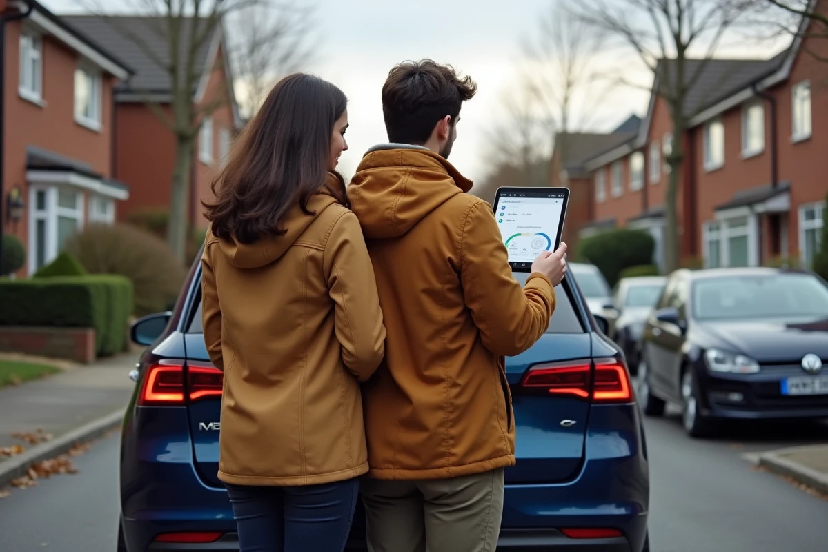 Couple consultant l'historique complet d'un SUV d'occasion sur une tablette dans une rue résidentielle