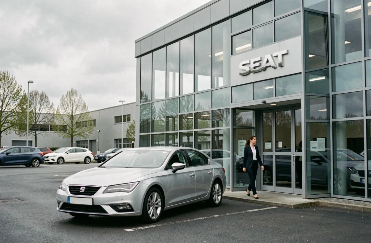 Façade du concessionnaire Courtoise Motors Seat à Jaux près de Compiègne avec une conseillère accueillant un client