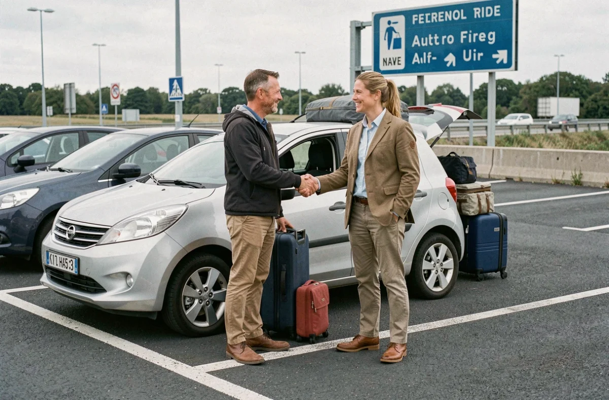 Deux covoitureurs se saluant au parking Vinci Autoroutes de La Chapelle-Saint-Mesmin pour un départ en vacances partagé