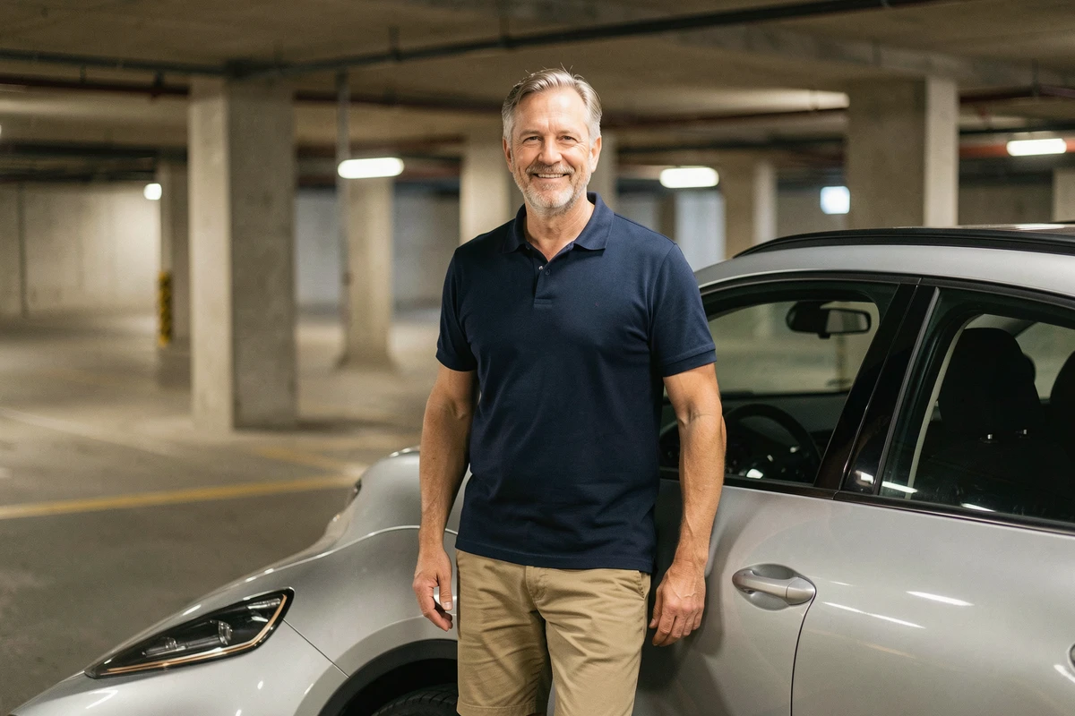Homme satisfait appuyé contre une Cupra Formentor argentée dans un parking urbain, évoquant la fiabilité des voitures en C