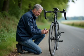 Homme vérifiant la pression d'air sur un vélo avec suspension airlinker