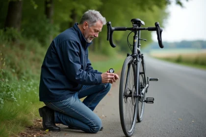 Homme vérifiant la pression d'air sur un vélo avec suspension airlinker