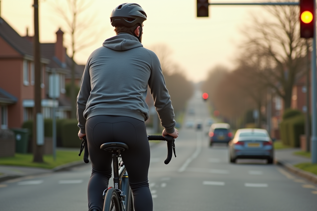 Jeune cycliste en suburb en approche prudente