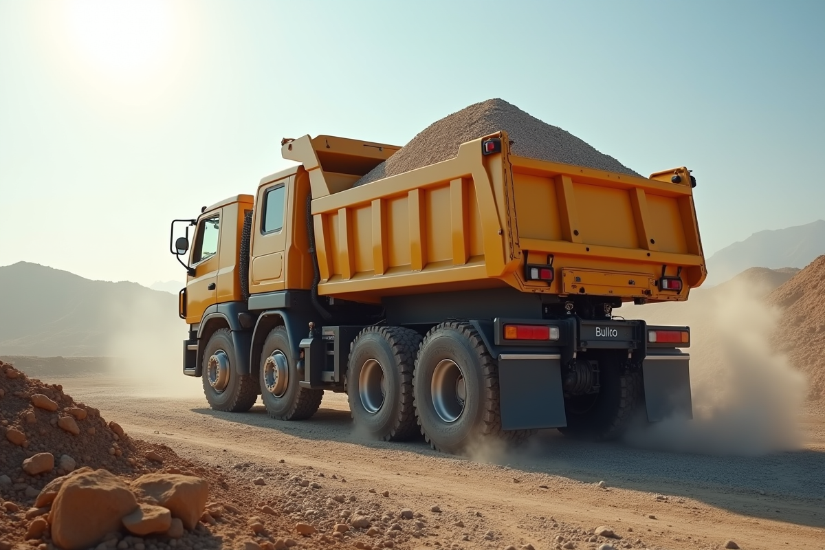 Camion benne déchargeant du gravier sur un chantier en plein jour