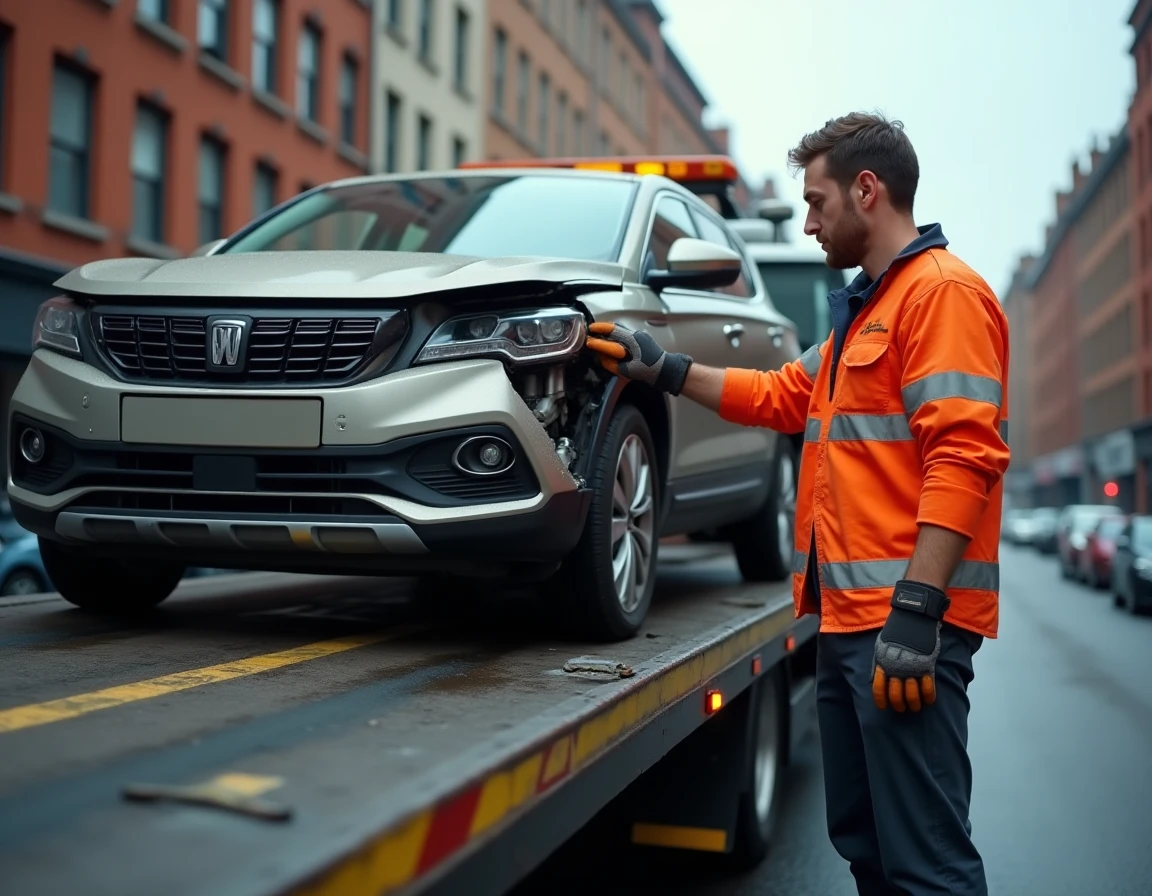Opérateur de dépanneuse chargeant un véhicule accidenté non roulant sur un plateau, illustrant la prise en charge après sinistre
