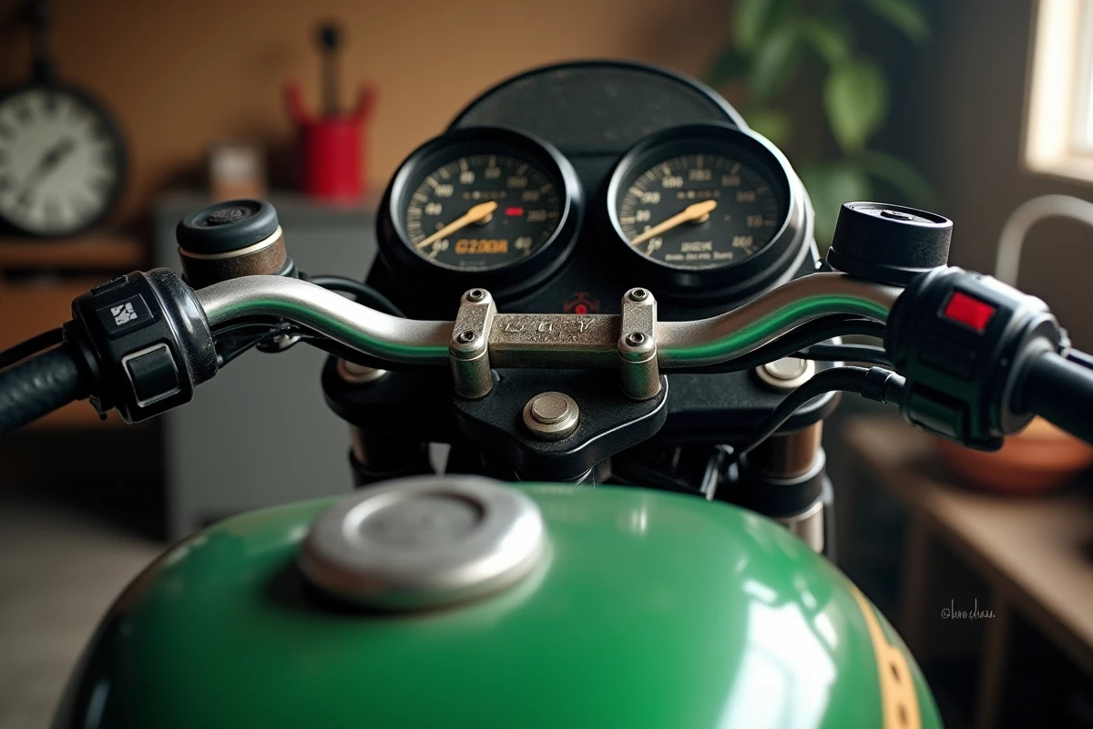 Détail du tableau de bord et du réservoir d'une Kawasaki GPz900R de collection dans un garage, vue macro avec bokeh