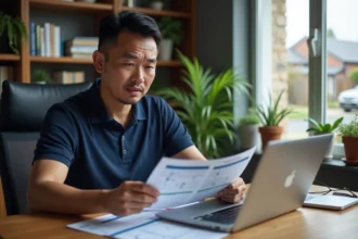 Homme consultant des devis d'assurance auto pour une voiture de marque asiatique à son bureau