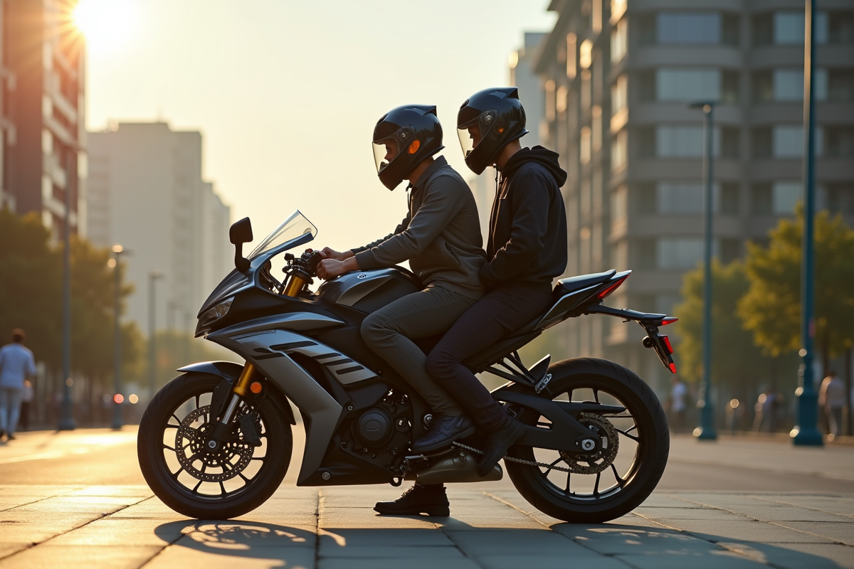 Deux personnes sur une moto sportive en ville en train de discuter