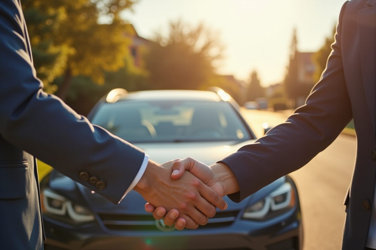 Deux personnes se serrant la main devant une voiture en assurance