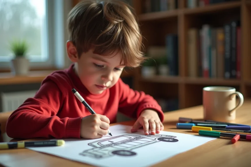 Enfant coloriant un dessin de voiture imprimé à la maison pendant un week-end pluvieux