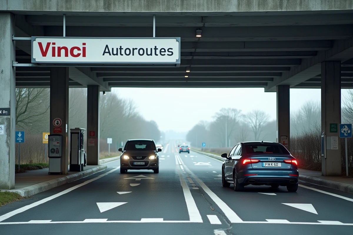 Entrée d'un parking de covoiturage Vinci Autoroutes avec barrière et véhicule en attente indiquant une saturation