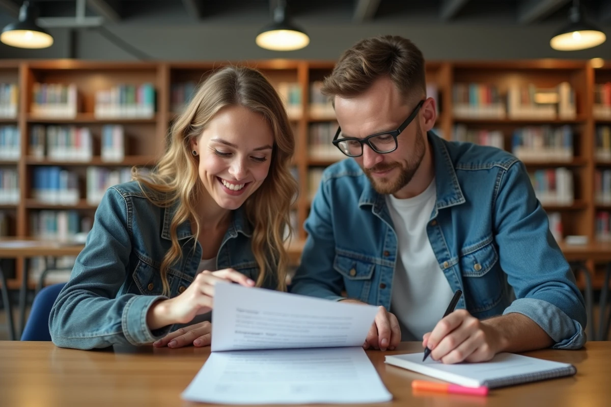 Deux étudiants révisant ensemble un questionnaire de vérification de permis en format PDF à la bibliothèque