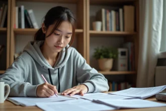 Jeune femme étudiant des questions de permis de conduire sur des documents PDF imprimés à son bureau