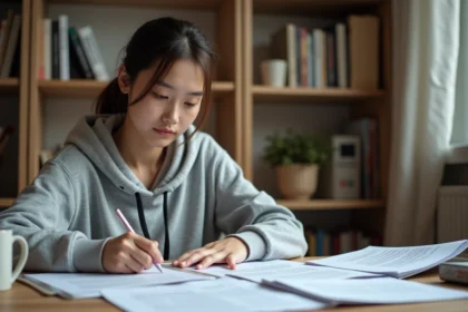 Jeune femme étudiant des questions de permis de conduire sur des documents PDF imprimés à son bureau