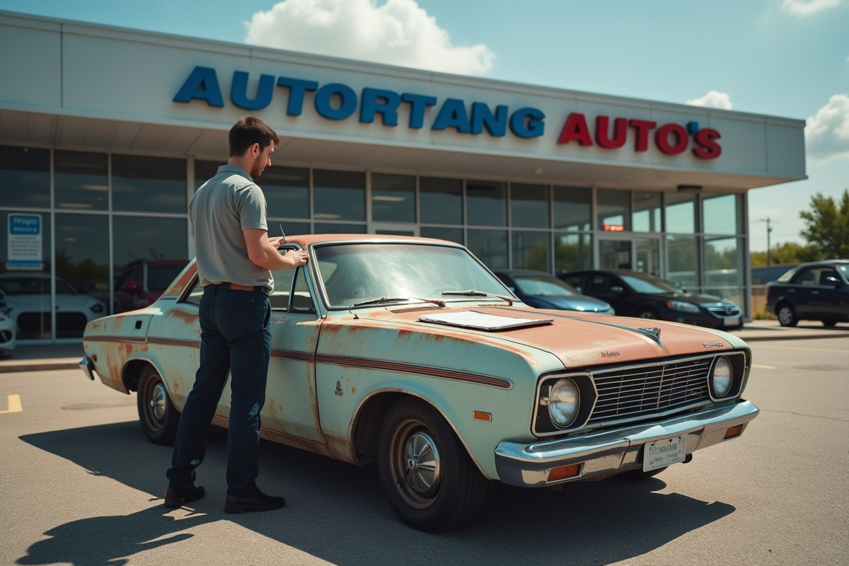Voiture ancienne garée devant un concessionnaire avec un expert évaluant le véhicule