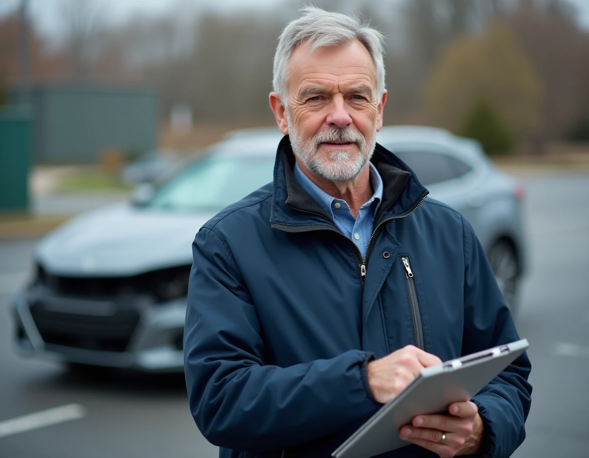 Expert en assurance examinant un véhicule non roulant après sinistre dans un parking, dans le cadre d'une expertise automobile
