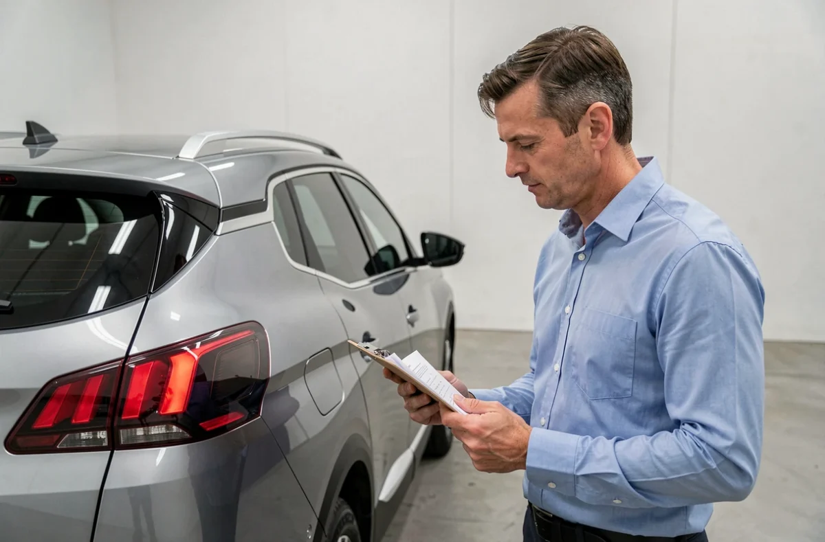 Expert automobile inspectant une Peugeot 3008 dans un centre d'évaluation, estimation de la valeur de revente