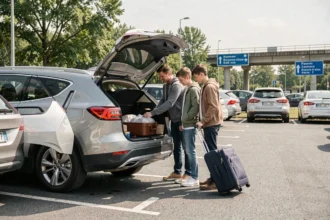 Famille chargeant ses bagages dans un SUV au parking de covoiturage Vinci Autoroutes La Chapelle-Saint-Mesmin avant un départ en vacances