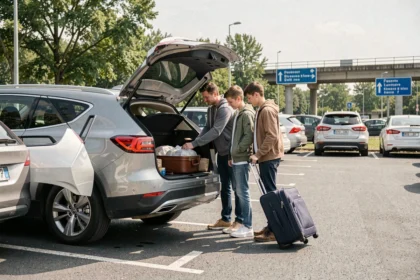 Famille chargeant ses bagages dans un SUV au parking de covoiturage Vinci Autoroutes La Chapelle-Saint-Mesmin avant un départ en vacances