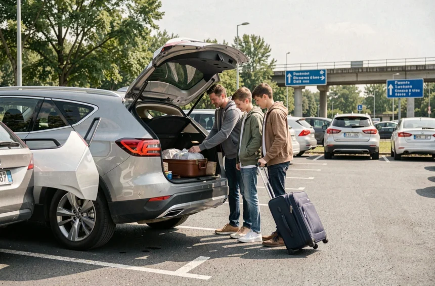 Famille chargeant ses bagages dans un SUV au parking de covoiturage Vinci Autoroutes La Chapelle-Saint-Mesmin avant un départ en vacances