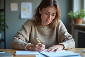 Femme française concentrée remplissant des formulaires administratifs