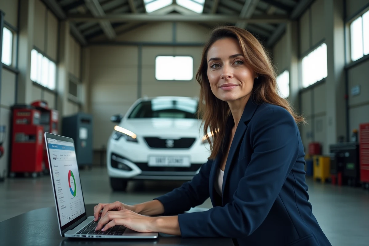 Femme analysant l'historique d'un véhicule d'occasion sur un ordinateur portable dans un garage d'inspection automobile