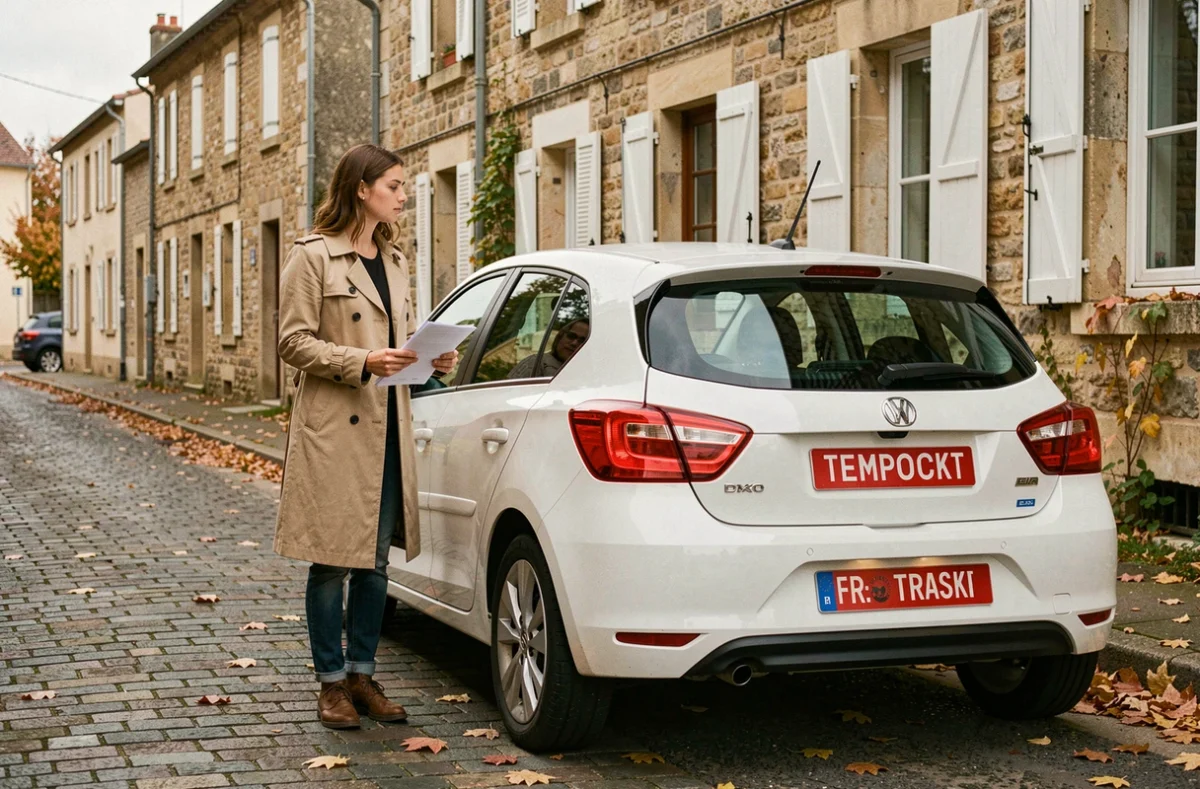 Femme tenant des documents d'assurance auto à côté d'un véhicule avec plaque d'immatriculation rouge dans une rue française
