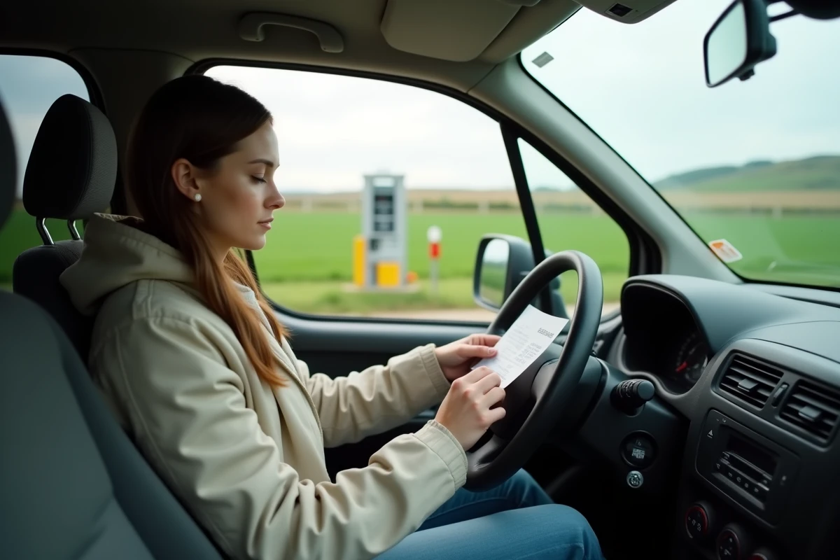 Jeune femme dans une Peugeot Partner Tepee au station service rural