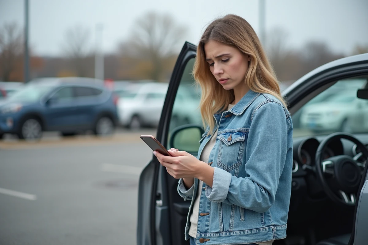 Femme consultant les avis clients sur son téléphone devant sa voiture, exprimant une déception liée à un service de carte grise