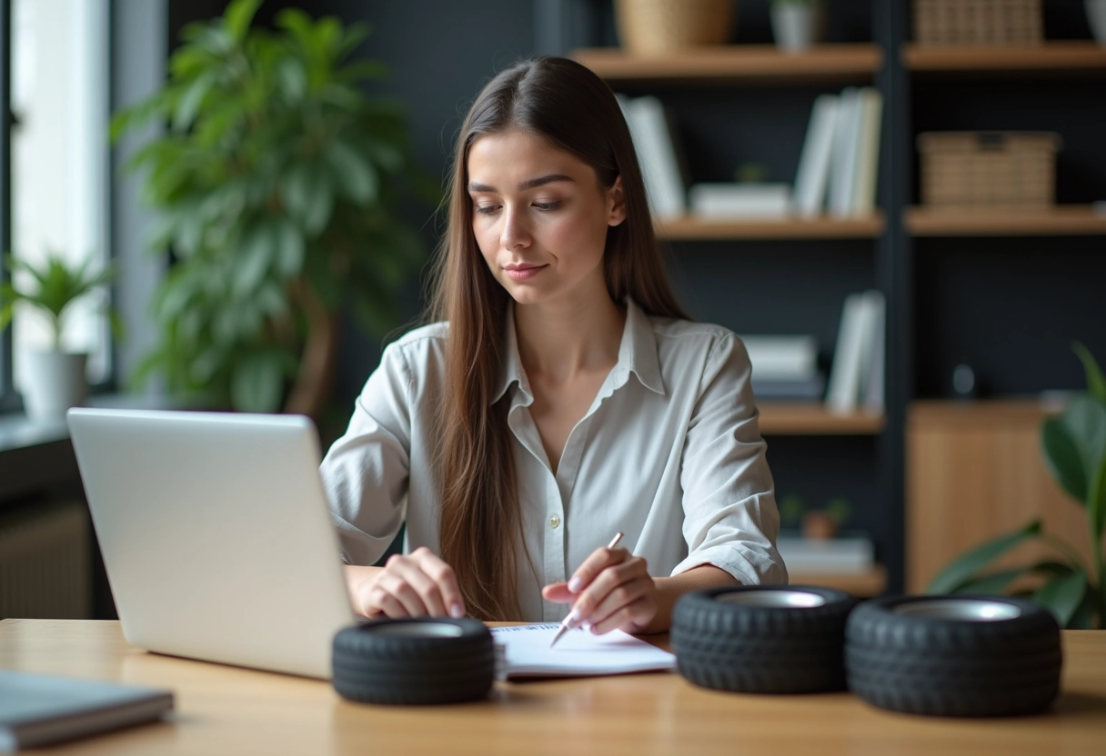 Femme analysant des pneus sur son ordinateur au bureau