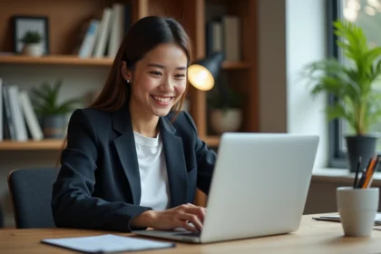 Jeune femme souriante utilisant un ordinateur dans un bureau cosy