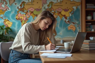 Jeune femme au bureau cosy écrivant dans un carnet
