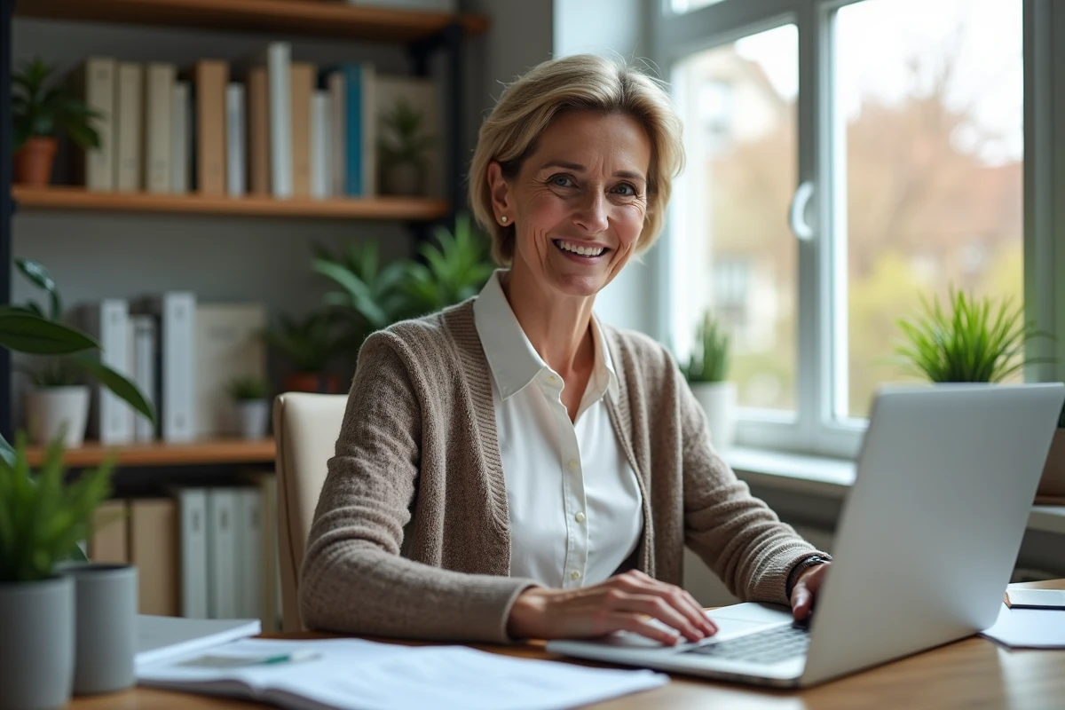 Femme souriante travaillant sur son ordinateur à domicile