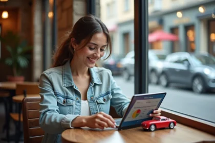 Femme souriante utilisant une tablette avec modèle Fiat Topolino