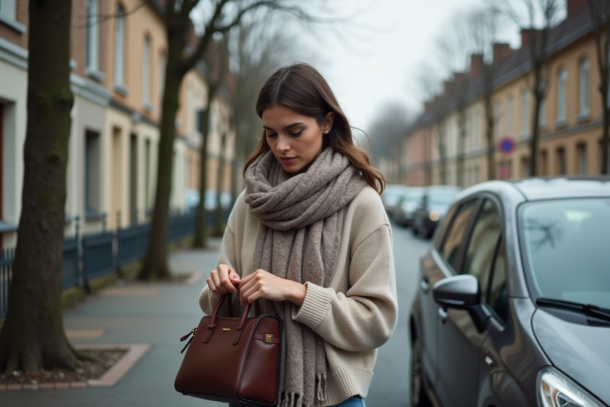 Jeune femme cherchant ses papiers près de sa voiture