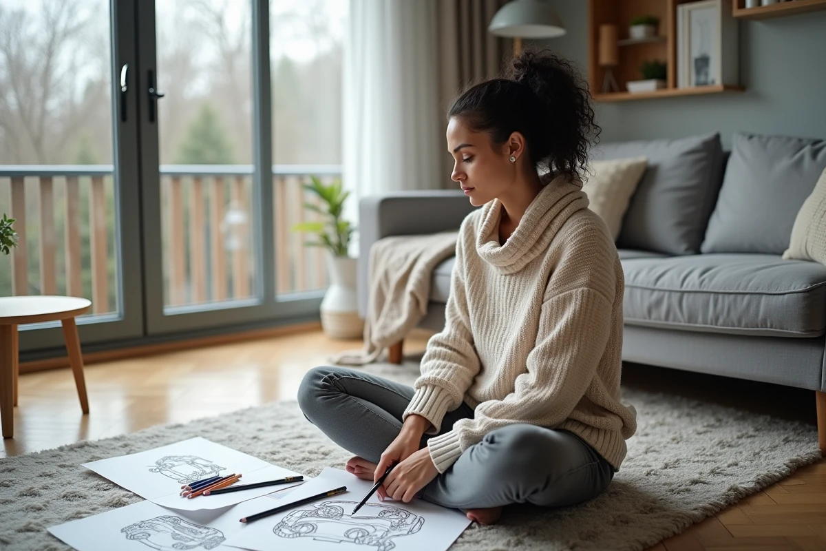 Jeune femme adulte faisant du coloriage de voitures imprimés sur le sol de son salon un jour de pluie