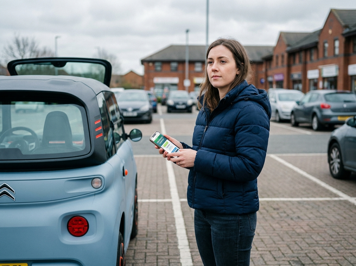Jeune femme comparant des offres d'assurance sur smartphone à côté d'une Citroën Ami dans un parking