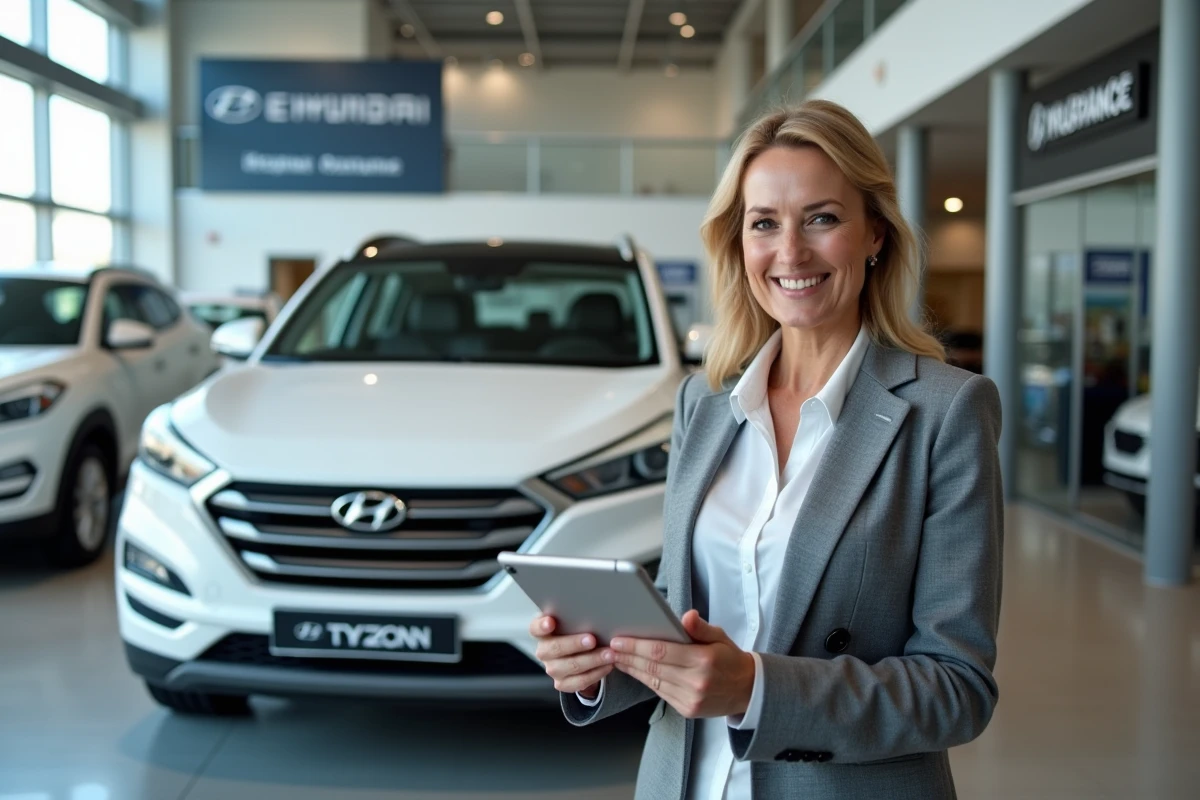 Femme en concession automobile comparant des devis d'assurance pour une voiture asiatique Hyundai