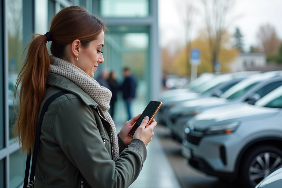 Femme compare voitures avec son smartphone dehors