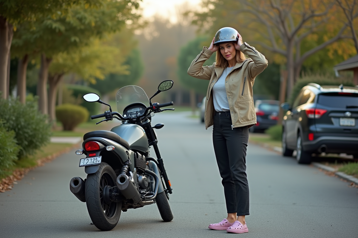 Femme ajustant son casque à côté de sa moto dans la cour