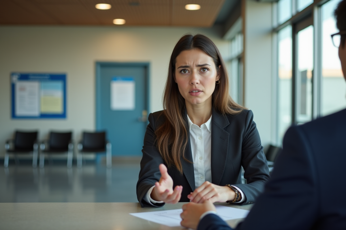 Jeune femme parlant avec un agent au comptoir DMV intérieur