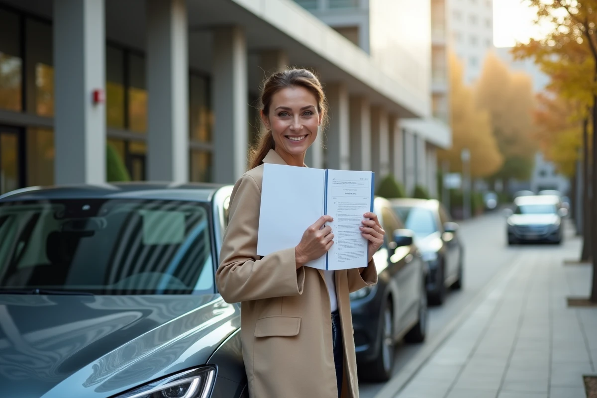 Femme tenant des documents à côté de sa voiture en ville