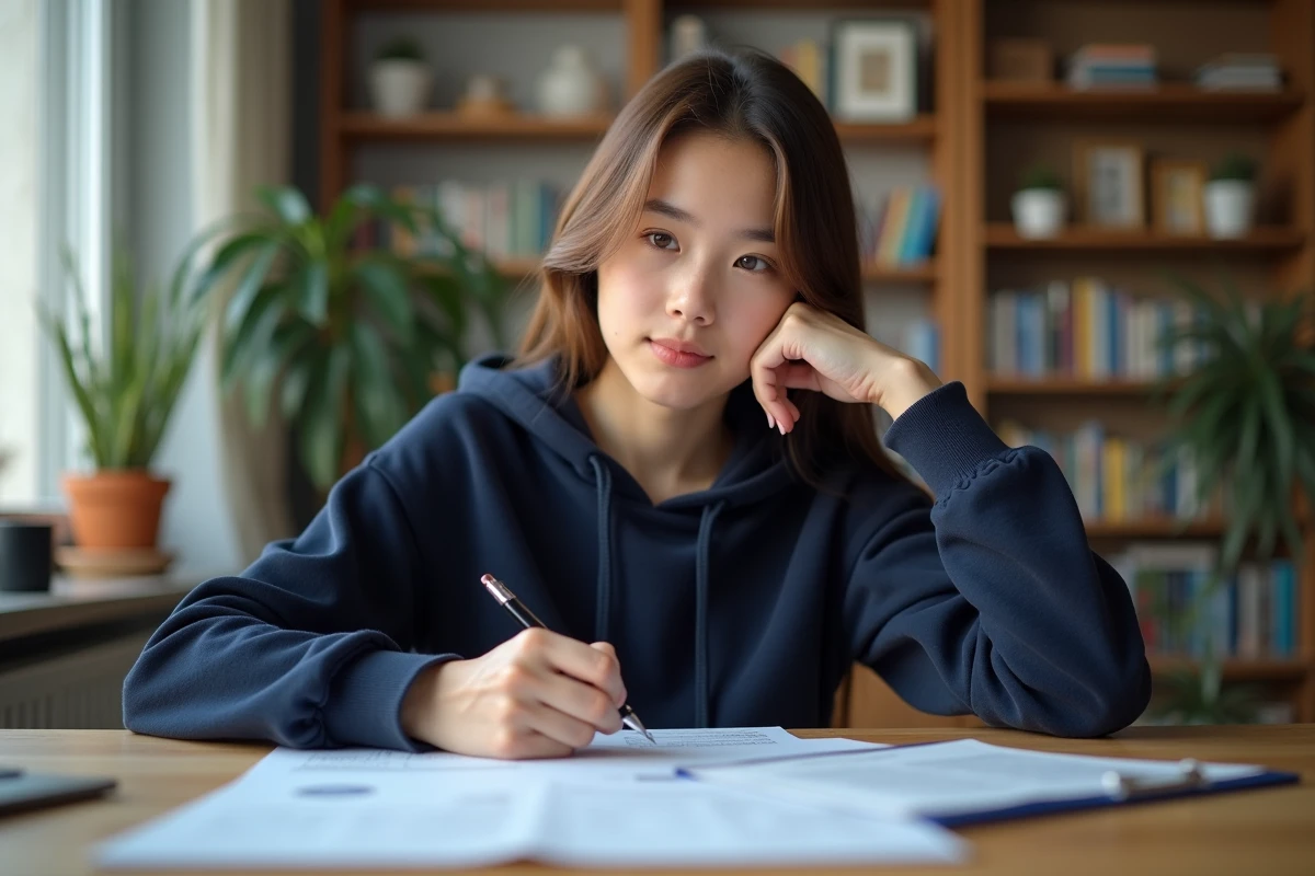 Femme réfléchissant avec documents d
