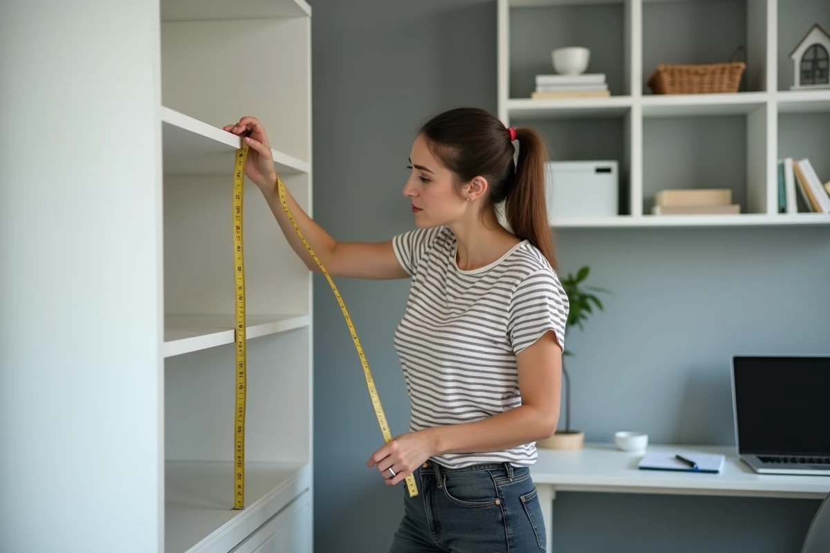 Femme mesurant un meuble modulaire Dimension 3008 avec un mètre ruban dans un bureau à domicile
