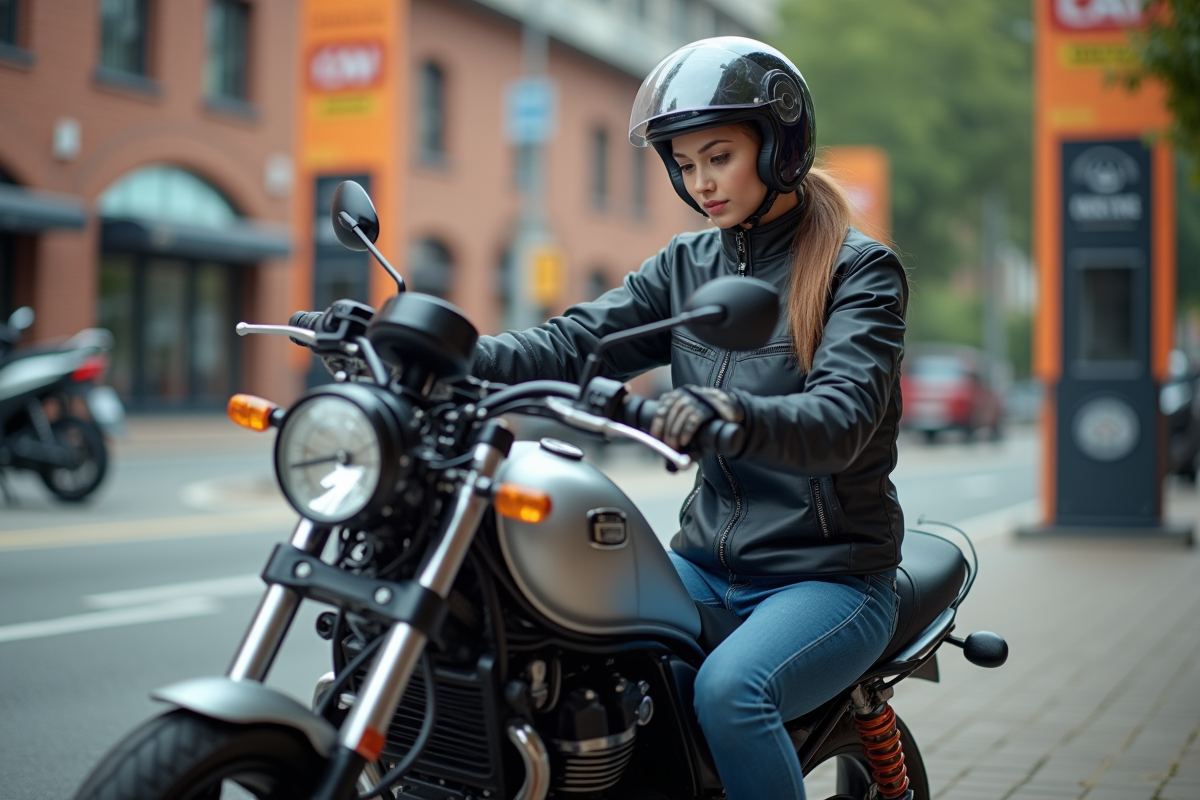 Jeune femme vérifiant la pression de son pneu de moto en ville