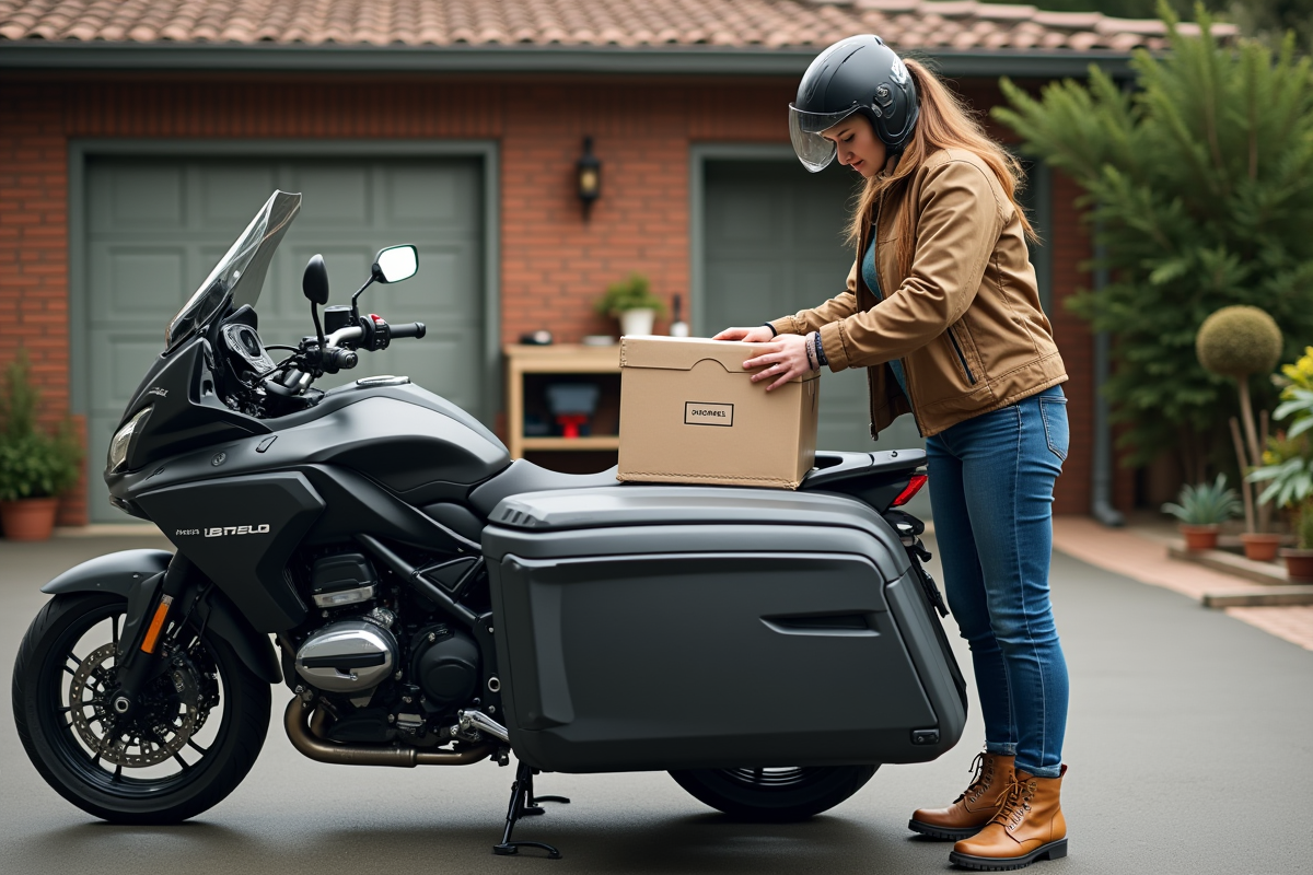 Jeune femme organise des boîtes dans le sidecar d