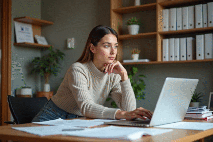 Femme concentrée travaillant sur un ordinateur dans un bureau moderne