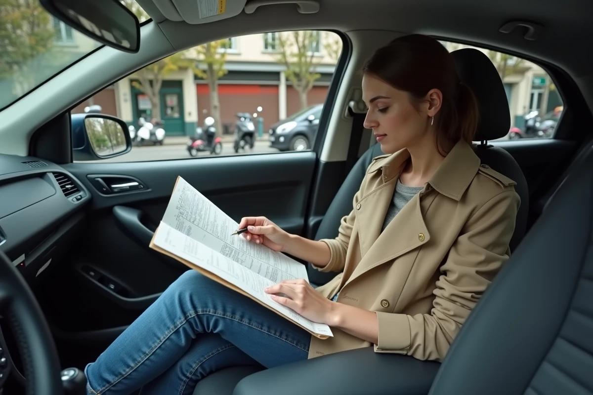 Jeune femme dans sa voiture regardant une carte à Paris